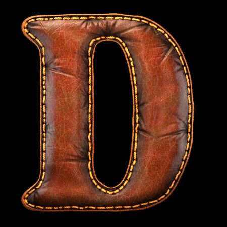 Leather letter D uppercase. 3D render font with skin texture isolated on black background. 3d renderingの写真素材