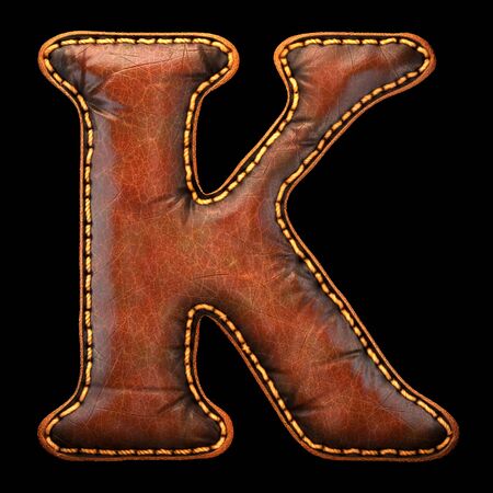 Leather letter K uppercase. 3D render font with skin texture isolated on black background. 3d renderingの写真素材