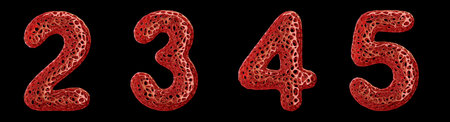 Realistic 3D letters set 2, 3, 4, 5 made of red plastic. Collection symbols of plastic with abstract...