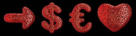 Symbol collection arrow, dollar, euro and heart made of red plastic. Collection symbols of plastic with abstract holes isolated on black background. 3d renderingの写真素材