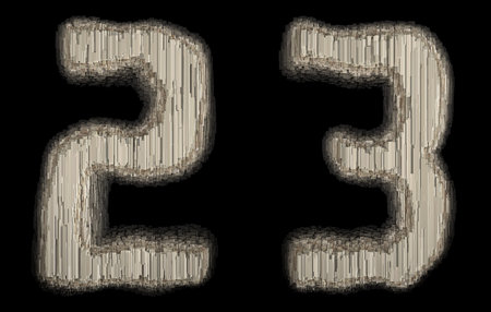 Set og numbers 2 and 3 made of industrial metal. Isolated on black background. 3d rendering