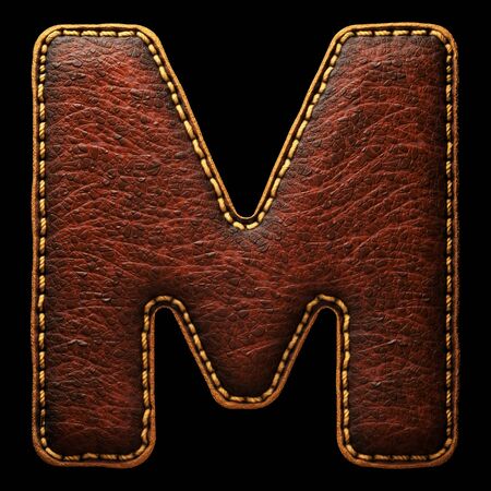 Leather letter M uppercase. 3D render font with skin texture on black background. 3d renderingの写真素材