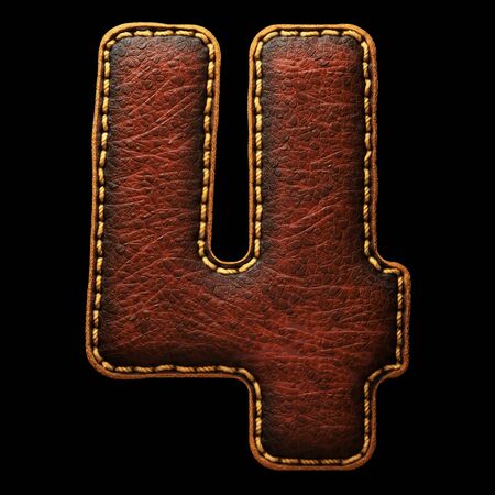 Number 4 made of leather. 3D render font with skin texture on black background. 3d renderingの写真素材