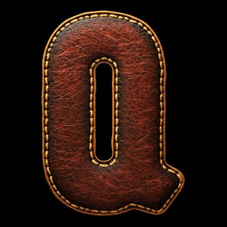 Leather letter Q uppercase. 3D render font with skin texture on black background. 3d renderingの写真素材