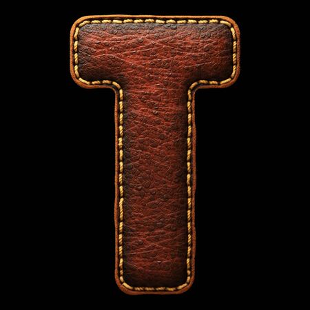 Leather letter T uppercase. 3D render font with skin texture on black background. 3d renderingの写真素材