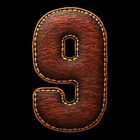 Number 9 made of leather. 3D render font with skin texture on black background. 3d renderingの写真素材