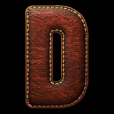 Leather letter D uppercase. 3D render font with skin texture on black background. 3d renderingの写真素材