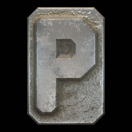 Industrial metal alphabet letter P on black background. 3d renderingの写真素材