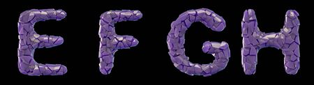 Plastic letters set E, F, G, H made of 3d render plastic shards purple color. Collection of plastic alphabet isolated on black.の写真素材