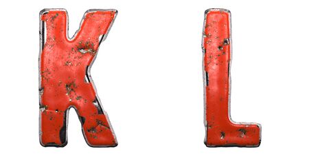 Set of letters K, L made of red painted metal isolated on white background. 3d renderingの写真素材