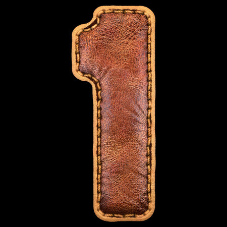 Number 1 made of leather. 3D render font with skin texture on black background. 3d rendering
