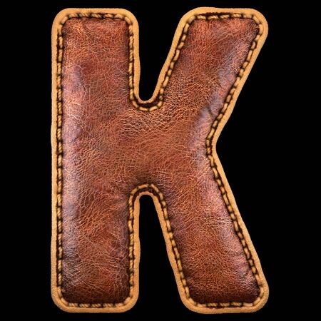 Leather letter K uppercase. 3D render font with skin texture on black background. 3d renderingの写真素材