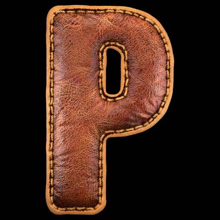Leather letter P uppercase. 3D render font with skin texture on black background. 3d renderingの写真素材