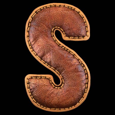 Leather letter S uppercase. 3D render font with skin texture on black background. 3d renderingの写真素材
