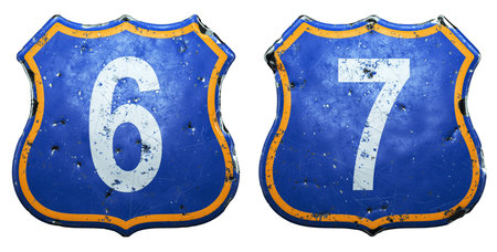 Set of Public road signs in blue and orange color with a white numbers 6, 7 in the center isolated...