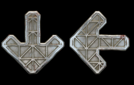 Set of symbols arrow to down and left arrow made of industrial metal on black background 3d...