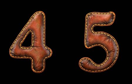 Set of numbers 4, 5 made of leather. 3D render font with skin texture isolated on black background. 3d renderingの写真素材