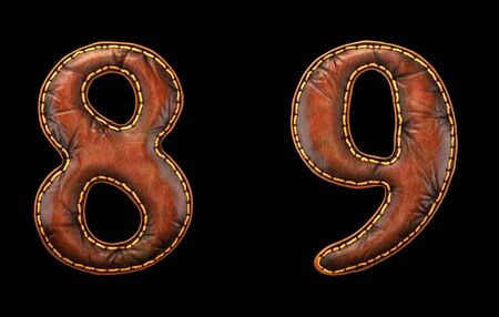 Set of numbers 8, 9 made of leather. 3D render font with skin texture isolated on black background. 3d renderingの写真素材