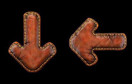 Set of symbols arrow to down and left arrow made of leather. 3D render font with skin texture...