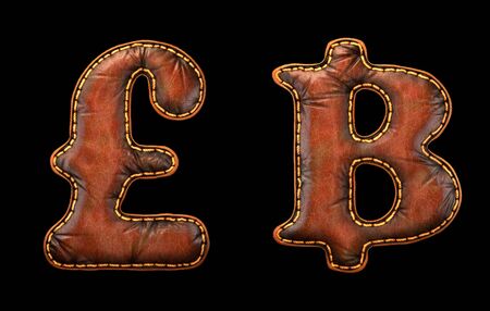 Set of symbols lira and baht made of leather. 3D render font with skin texture isolated on black background. 3d renderingの写真素材