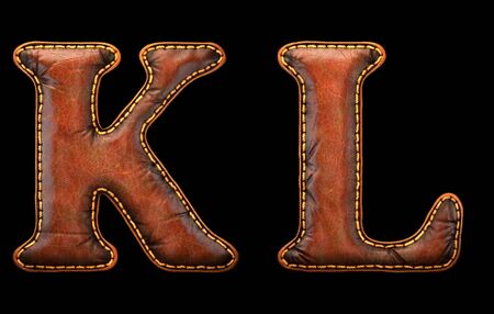 Set of leather letters K, L uppercase. 3D render font with skin texture isolated on black background. 3d renderingの写真素材