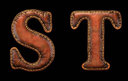Set of leather letters S, T uppercase. 3D render font with skin texture isolated on black background. 3d renderingの写真素材