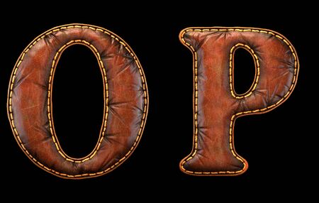 Set of leather letters O, P uppercase. 3D render font with skin texture isolated on black background. 3d renderingの写真素材