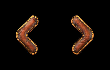 Set of symbols left and right angle bracket made of leather. 3D render font with skin texture isolated on black background. 3d renderingの写真素材