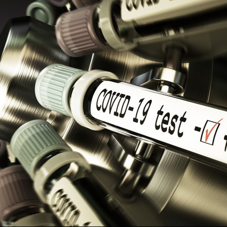 Vials of blood in a centrifuge. Negative COVID-19 test and laboratory sample of blood testing for...
