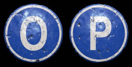 Set of public road sign in blue color with a capitol white letters O and P in the center isolated black background. 3d renderingの写真素材