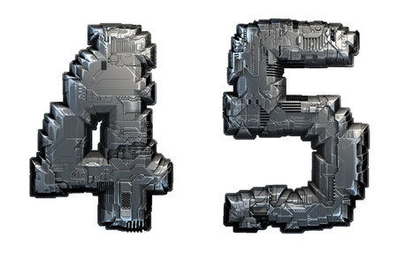 Set of numbers 4 and 5 made of metal isolated on white background. 3d rendering