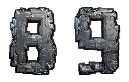 Set of numbers 8 and 9 made of metal isolated on white background. 3d rendering