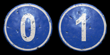 Set of public road sign in blue color with a capitol white numbers 0 and 1 in the center isolated...
