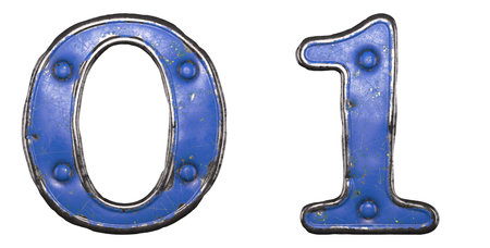Set of numbers 0, 1 made of painted metal with blue rivets on white background. 3d rendering