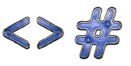 Set of symbols left, right angle bracket, hash made of painted metal with blue rivets on white background. 3d renderingの写真素材