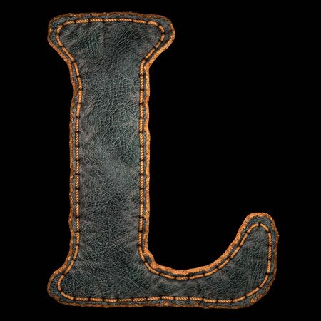 Leather letter L uppercase. 3D render font with skin texture isolated on black background. 3d renderingの写真素材