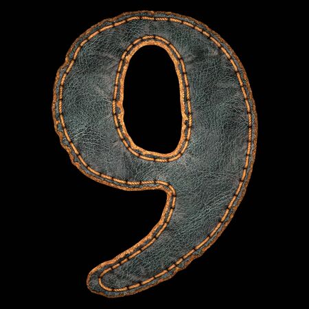 Number 9 made of leather. 3D render font with skin texture isolated on black background. 3d renderingの写真素材