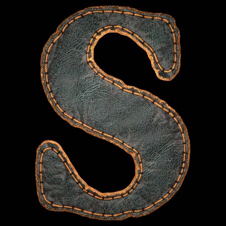 Leather letter S uppercase. 3D render font with skin texture isolated on black background. 3d renderingの写真素材