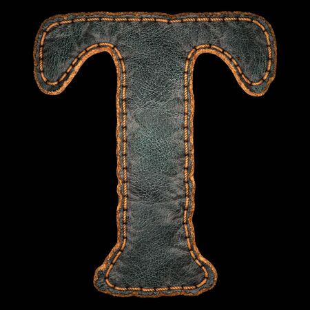 Leather letter T uppercase. 3D render font with skin texture isolated on black background. 3d renderingの写真素材