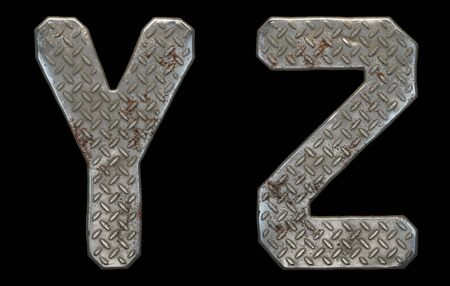Set of capital letters Y and Z made of industrial metal isolated on black background. 3d renderingの写真素材