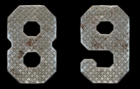 Set of numbers 8, 9 made of industrial metal on black background 3d rendering