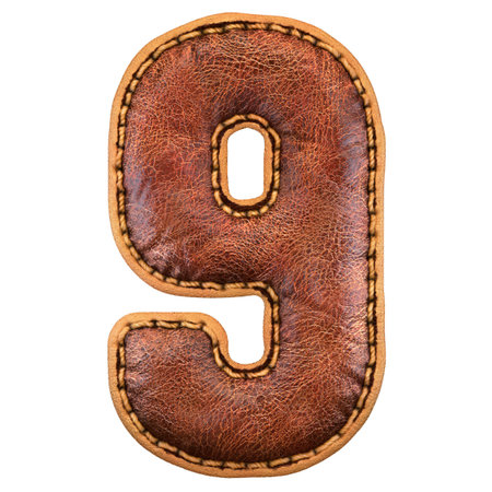 Number 9 made of leather. 3D render font with skin texture on white background. 3d rendering