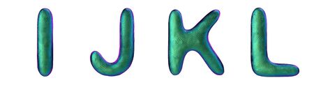 Letters set I, J, K, L made of realistic 3d render natural green snake skin texture. Collection of snake skin texture with green color symbol isolated on white backgroundの写真素材