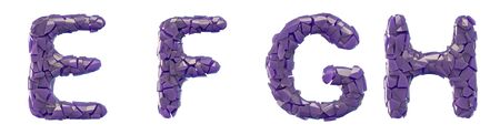Plastic letters set E, F, G, H made of 3d render plastic shards purple color. Collection of plastic alphabet isolated on white.の写真素材