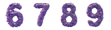 Number plastic set 6, 7, 8, 9 made of 3d render plastic shards purple color. Collection of plastic alphabet isolated on white.の写真素材