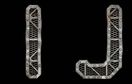 Mechanical alphabet made from rivet metal with gears on black background. Set of letters I and J. 3D renderingの写真素材