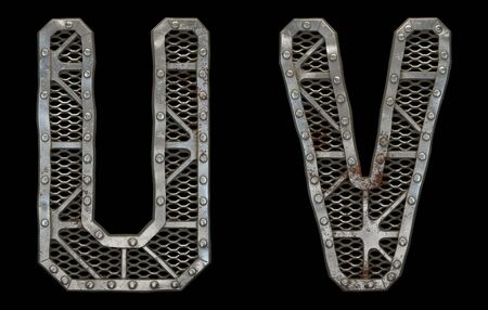 Mechanical alphabet made from rivet metal with gears on black background. Set of letters U and V. 3D renderingの写真素材