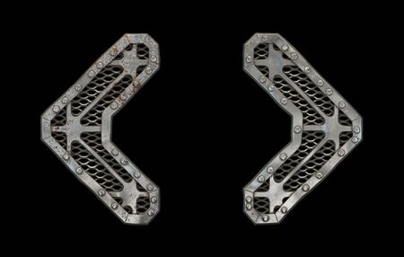 Mechanical alphabet made from rivet metal with gears on black background. Set of symbols left and right angle bracket. 3D renderingの写真素材