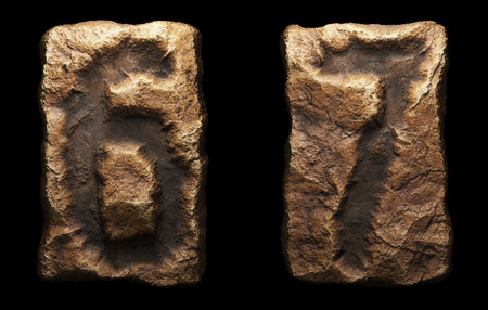 Set of rocky numbers 6, 7. Font of stone on black background. 3d renderingの写真素材