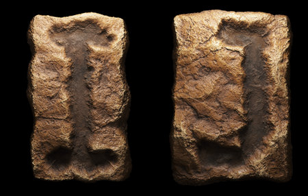 Set of rocky letters I, J. Font of stone on black background. 3d rendering